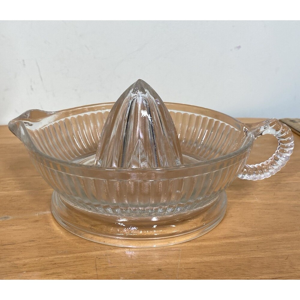 Vintage Anchor Hocking Clear Ribbed 6" Glass Juicer Reamer Loop Handle Footed